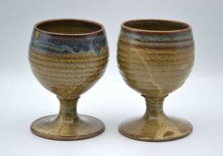 Set Of 2 Handcrafted Art Pottery Stoneware Wine Water Goblet Speckled 8oz