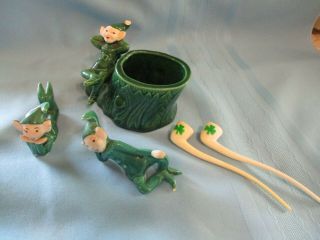 Vintage California Pottery Pixie Elf In Green Planter & 2 Figurines Reclining