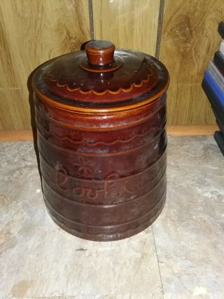 Vintage Marcrest Stoneware Daisy Dot 9” Brown Cookie Jar Utensil Holder Usa