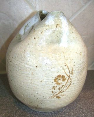 Hand - Thrown Studio Pottery 7 " Vase Natural Clay White Drip Glaze Folded Rim