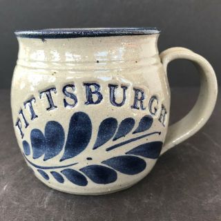Studio Art Pottery Pittsburgh Coffee Mug Salt Glaze Cobalt Blue Leaf Pattern