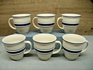 6 Tienshan Large Stoneware Country Crock Coffee Mugs Tea Cups Blue Stripe