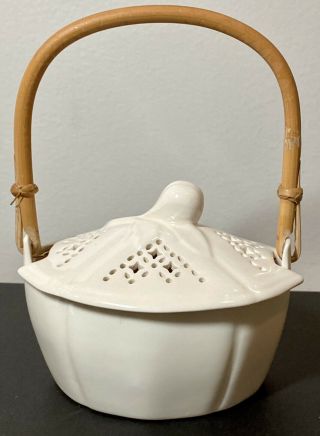 Vintage Leeds Pottery Creamware Basket W Lid Bamboo Handle Fruit Knob