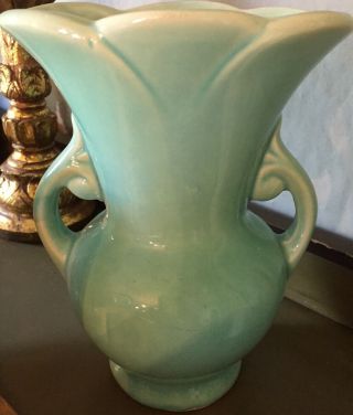 Vintage Shawnee Pottery 7 " Double Handled Vase,  Green,  Marked Usa On Bottom