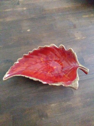 Vintage California Pottery Leaf Trinket Dish Flame Orange W/gold Bowl