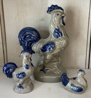 Set Of 3 Bbp Beaumont Brothers Pottery Salt Glazed Roosters - 3 Sizes