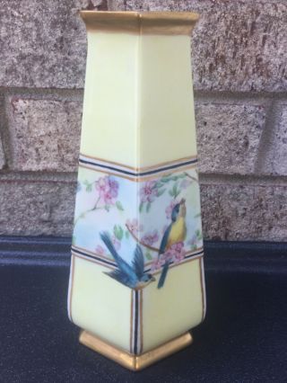 Belleek Hand Painted Yellow Floral Flying Birds Porcelain Vase 9 1/4”h