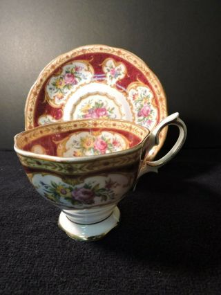 Royal Albert Lady Hamilton Burgundy Rose Floral Tea Cup & Saucer Gold Accent