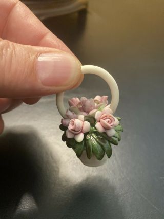 Capodimonte Italian Porcelain Pink Miniature Flower Basket Figurine