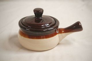 Vintage Stoneware Pottery Individual Soup Chili Bean Pot W Lid Handled Brown C