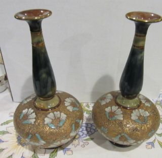 Pair Royal Doulton Slaters Gilt Floral Stoneware Bottleneck Vases 1898 10.  25 In