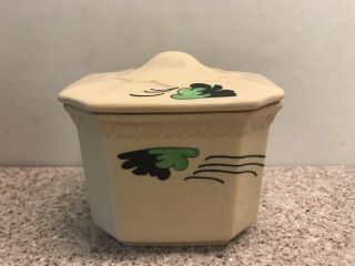 Syracuse China Econo Rim Sugar Bowl/box 4” W/ Lid Green Black On Tan No Chips