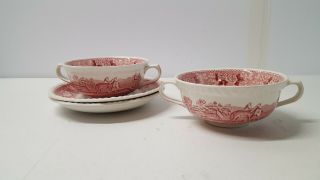 Two Adams Cream Soup Bowls W Saucers English Scenic Ironstone Red Pink 1961