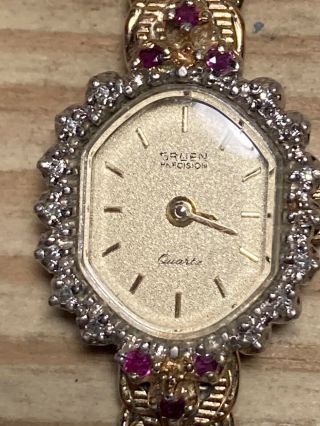 Vintage Gruen Precision Ladies 14k Solid Gold Ruby And Diamond Watch