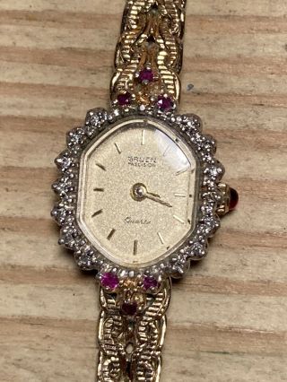 Vintage Gruen Precision Ladies 14k SOLID Gold Ruby and Diamond Watch 2