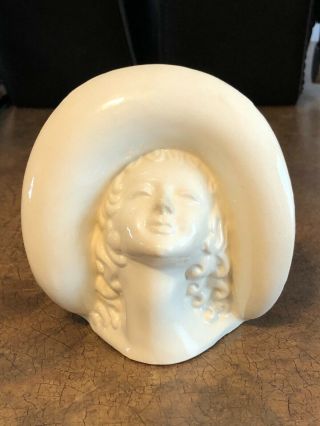 Vintage Lady Head Wall Pocket Planter White In Brimmed Hat Marked Made In Japan