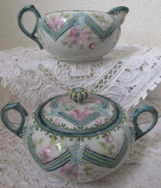 Nippon Maple Leaf Mark Cream & Sugar Hand Painted Roses Moriage Decor Green Pink