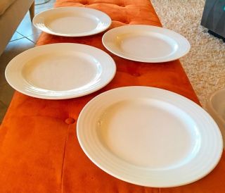 Set Of 4 Crate & Barrel White Spal Porcelain Embossed Rim Dinner Plates