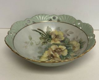 Vintage Bauer Floral Bowl W/ Gold Trim Flowers Green Yellow
