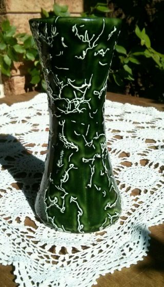 Vintage Mid - Century Green Glaze Porcelain Vase With White Design