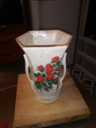 Vintage Mccoy Pottery Vase With Bright Roses.  Vintage From The 40s To 50s