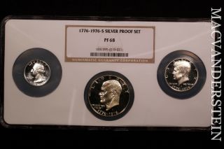 Three Coin 1976 - S Bicentennial Silver Proof Set - Ngc Pf 68 - Scarce Slk688