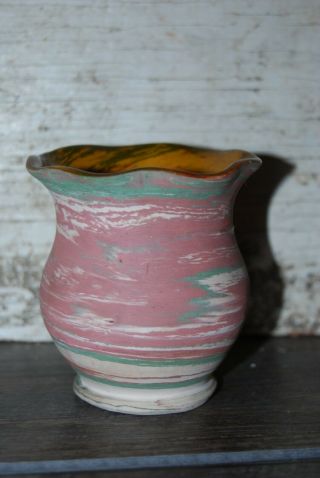 Vintage Mission Swirl Pottery Vase Fort Ticonderoga Small 3 1/4 " T Yr 1940