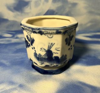 Vintage Delft Blue Hand Painted Octagon Windmill Flower Pot Bowl Vase Floral