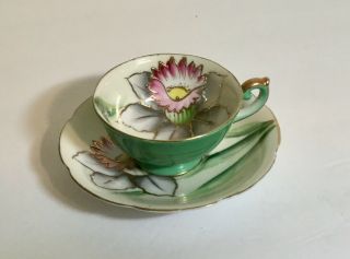 Vintage Royal Sealy Demitasse Green Floral Tea Cup And Saucer Set