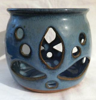 Joan Mallick Block Island Blue Art Studio Pottery Lantern Windlight Signed