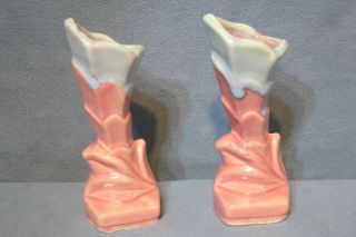 Vintage Shawnee Art Pottery Floral Vases Usa 705 Pair Pink W Blue 5 " Tall