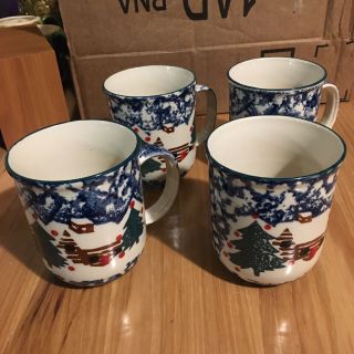 Set Of 4 Coffee Mugs - Tienshan Cabin In The Snow Folk Craft