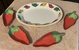 Clay Art 17 Inch Serving Platter W/ 4 Chili Pepper Shaped Dip Bowls