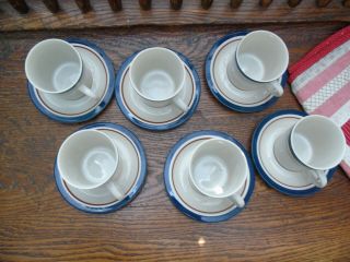 Set of 6 Sango Carousel Cups and Saucers Coffee Tea Blue & Brown Stoneware Japan 3