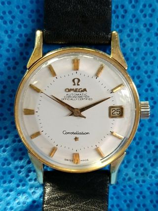 Vintage Omega Constellation Watch Pie Pan White Omega Buckle Needs Serviced
