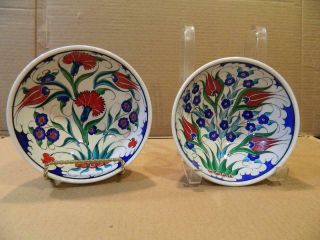 2 Turkish Iznik Tile Ceramic Bowls Handmade - Tulip Garden Bright Colors (a)