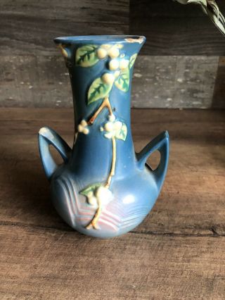 Vintage And Estate Fresh Roseville Pottery Snowberry Blue Vase 7.  5 Inches Tall.