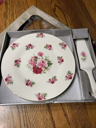 Vintage Baum Bros Formalities Pink & Red Rose Cake Plate And Server
