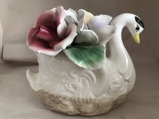 Vintage Capodimonte Swan With 3 - D Roses Sculpture,  Made In Italy