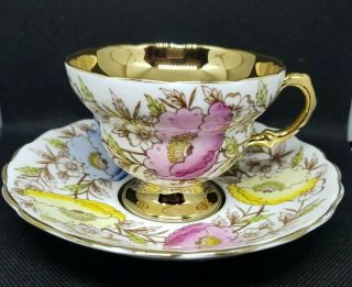 Vintage Rosina Tea Cup Saucer Bone China Gold Trim Footed,  Floral Pansies