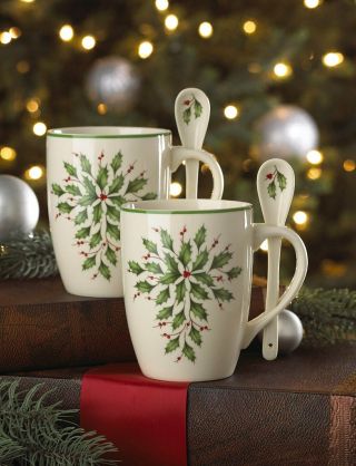 Lenox Holiday Cocoa Mugs With Spoons - Set Of Two Tea Coffee Cups