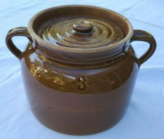 Vintage Large Stoneware Crock Bean Pot Lid 2 Loop Handles Brown Glaze 3 Qt