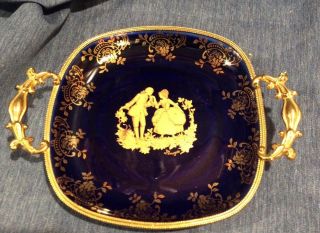 Vintage Limoges Porcelain Cobalt Blue And Gold Trinket Dish With Handles