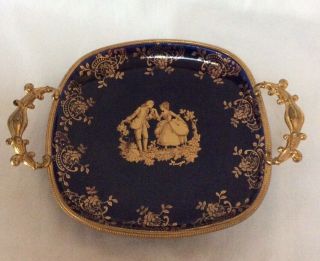 Vintage Limoges Porcelain Cobalt Blue and Gold Trinket Dish with Handles 2