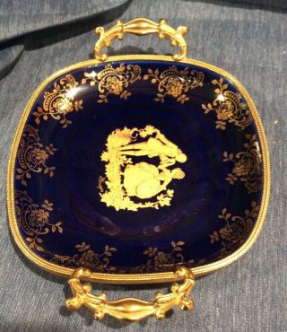 Vintage Limoges Porcelain Cobalt Blue and Gold Trinket Dish with Handles 3