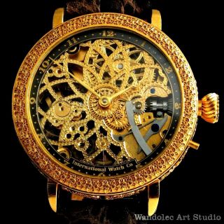 Gold Skeleton Noble Design Mens Wristwatch With Vintage Restored Movement By Iwc