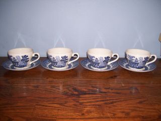Queens By Churchill Blue Willow Set Of 4 Cups And Saucers.  Look