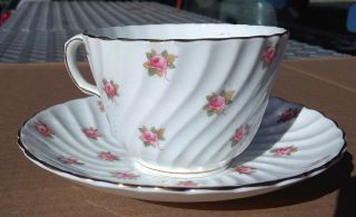 Vtg Ansley Swirl Teacup Set Cup And Saucer English Bone China Pink Roses 3698