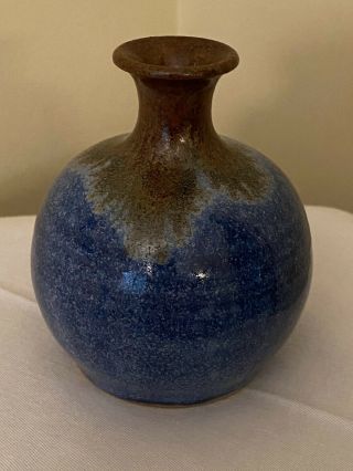 Pigeon Forge Pottery Small Blue And Brown Vase 4 " Signed A.  Huskey