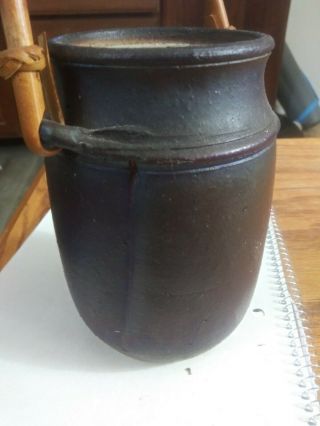 Brown Black Stoneware Ceramic Jug Pot,  Wicker Handle Signed